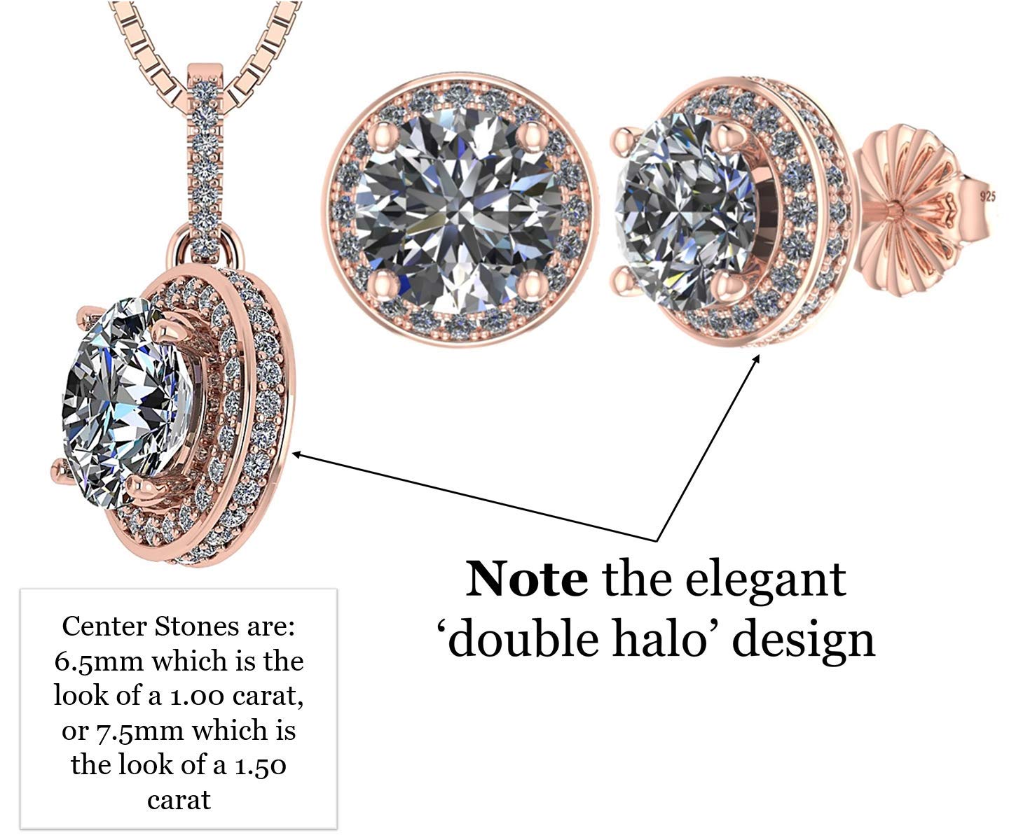 NANA Halo Pendant & Earrings w/6.5mm Center CZs & Simulated