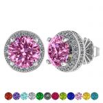 Customizable Halo Birthstone Stud Earrings, Solid 925 Sterling Silver w/Pure Brilliance Zirconia - Hypoallergenic