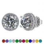 Customizable Halo Birthstone Stud Earrings, Solid 925 Sterling Silver w/Pure Brilliance Zirconia - Hypoallergenic