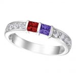 Princess w/Side CZ Couples 2 Stone Ring w/Simulated Birthstones in Silver, 10K or 14K Gold