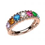 Central Diamond Center Rope Mothers Birthstone Ring with 1 to 10 Simulated Birthstones in Sterling Silver, 10k or 14k Gold