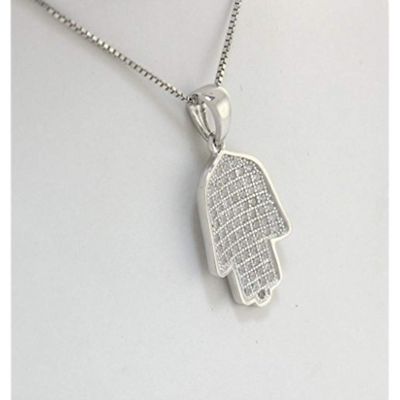 Central Diamond Center Hamsa Pendant 12mm x 17mm Sterling Silver and Pure Brilliance CZ w/Chain