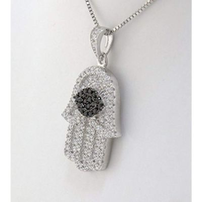 Hamsa Evil Eye Pendant 15mm x 19mm Sterling Silver and Pure Brilliance CZ w/ Chain