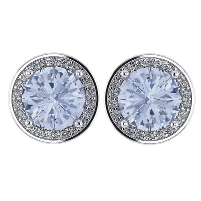 NANA Jewels Simulated Aquamarine Pure Brilliance Zirconia Round Halo Earrings Sterling Silver with 14k posts