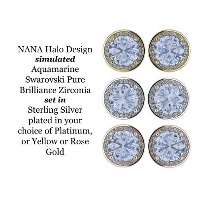 NANA Jewels Simulated Aquamarine Pure Brilliance Zirconia Round Halo Earrings Sterling Silver with 14k posts