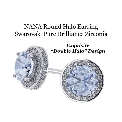 NANA Jewels Simulated Aquamarine Pure Brilliance Zirconia Round Halo Earrings Sterling Silver with 14k posts