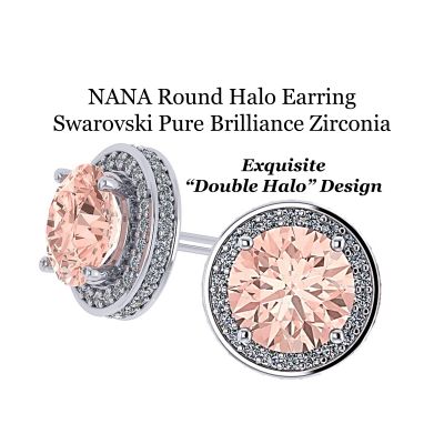 NANA Jewels Simulated Morganite Pure Brilliance Zirconia Round Halo Earrings Sterling Silver with 14k post