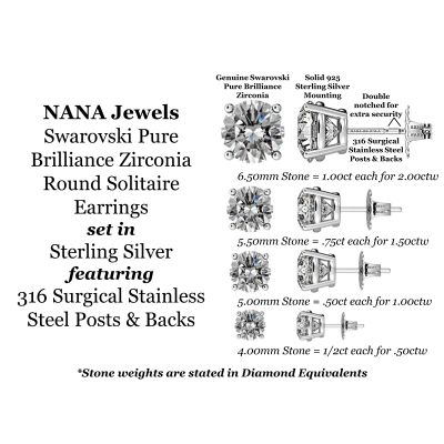 NANA Jewels Stud Earrings-Sterling Silver Round Cut Pure BrillianceZirconia  .30ct to 8.00ct twt. Hypoallergenic