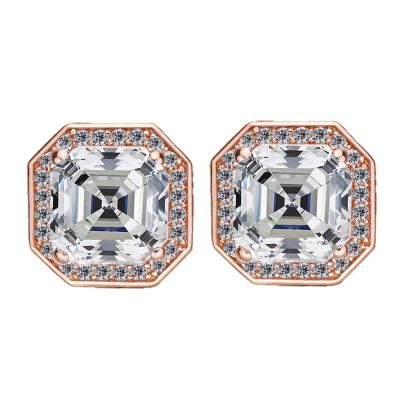 Asscher Cut Halo Stud Earring in Sterling Silver Pure Brilliance Zirconia, 14K Solid Gold Double Notched Post