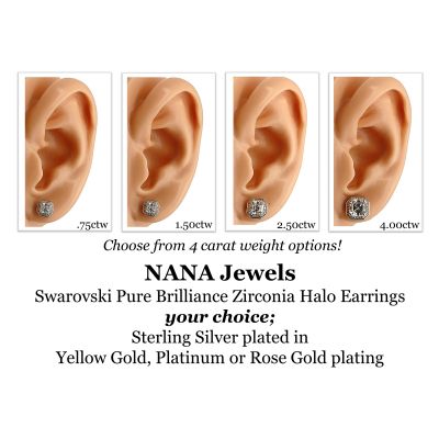 NANA Jewels Sterling Silver Asscher Cut Swarovski Zirconia Halo Earrings with a solid 14k Gold Post