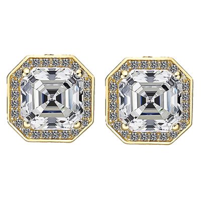 Asscher Cut Halo Stud Earring in Sterling Silver Pure Brilliance Zirconia, 14K Solid Gold Double Notched Post