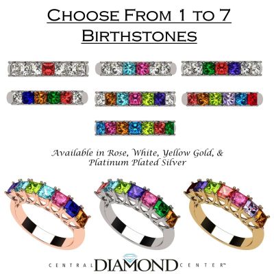 NANA  Asscher Cut Lucita Style 1 to 7 Birthstones - Mother&#039;s Birthstone Ring in Sterling Silver, 10k or 14k Gold