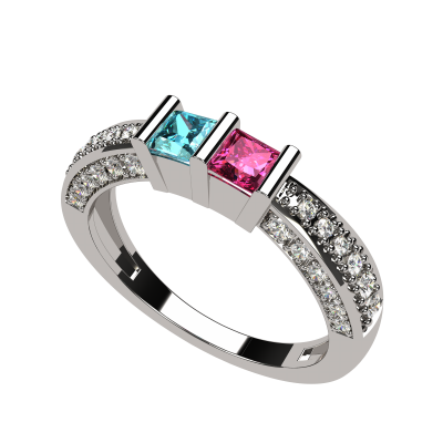 NANA Princess Cut Birthstone Couples Ring w/CZs on 3 Sides, Sterling Silver, 10K, or 14K Gold