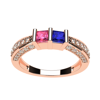 NANA Princess Cut Birthstone Couples Ring w/CZs on 3 Sides, Sterling Silver, 10K, or 14K Gold