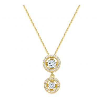 Round Double Halo Dancing Stone Necklace w/Pure Brilliance Zirconia in Gold Plated Sterling Silver