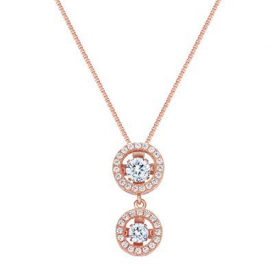 Round Double Halo Dancing Stone Necklace w/Pure Brilliance Zirconia in Gold Plated Sterling Silver