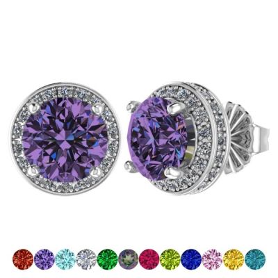 Customizable Halo Birthstone Stud Earrings, Solid 925 Sterling Silver w/Pure Brilliance Zirconia - Hypoallergenic