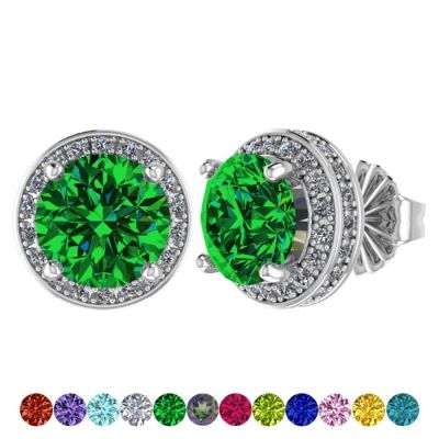 Customizable Halo Birthstone Stud Earrings, Solid 925 Sterling Silver w/Pure Brilliance Zirconia - Hypoallergenic