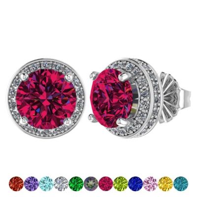 Customizable Halo Birthstone Stud Earrings, Solid 925 Sterling Silver w/Pure Brilliance Zirconia - Hypoallergenic