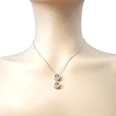 Round Double Halo Dancing Stone Necklace w/Pure Brilliance Zirconia in Gold Plated Sterling Silver