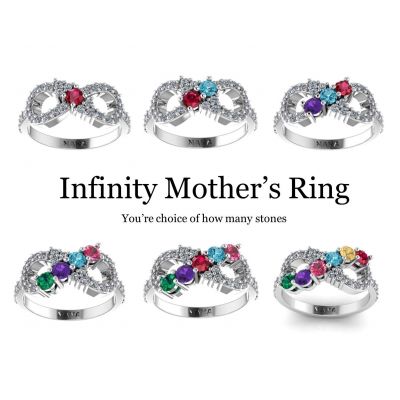 NANA Jewels Infinity Mother&#039;s Ring with 1 to 6 Birthstones in Sterling Silver, 10k or 14k White, Yellow or Rose Gold