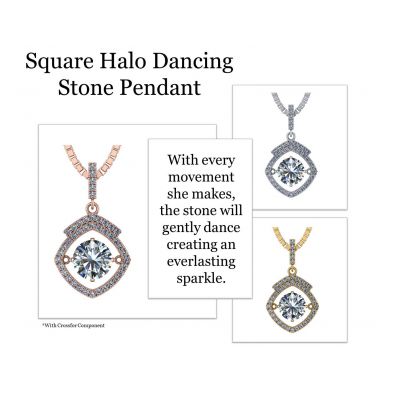 Square Halo Dancing Stone Necklace w/Pure Brilliance Zirconia in Gold Plated Sterling Silver