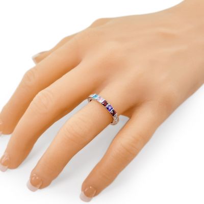 NANA Jewels Princess with side CZs Mother&#039;s Ring with 1 to 6 Birthstones in Sterling Silver, 10k or 14k White, Yellow or Rose Gold