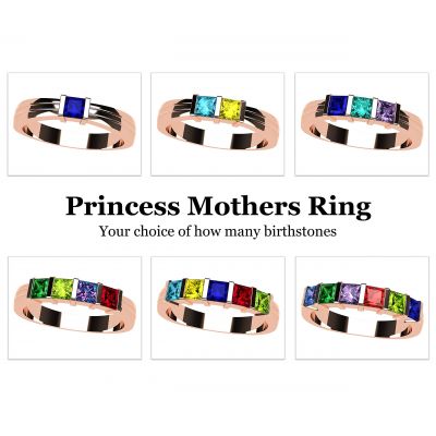 NANA Jewels Princess Mother&#039;s Ring with 1 to 6 Birthstones in Sterling Silver, 10k or 14k White, Yellow or Rose Gold