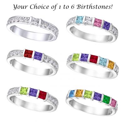 NANA Jewels Princess with side CZs Mother&#039;s Ring with 1 to 6 Birthstones in Sterling Silver, 10k or 14k White, Yellow or Rose Gold