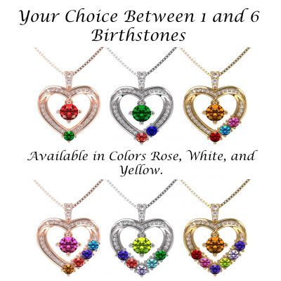 Mother &amp; Child Heart Birthstone Necklaces w/ 1 to 6 Stones in Sterling Silver, 10K, or 14K Gold