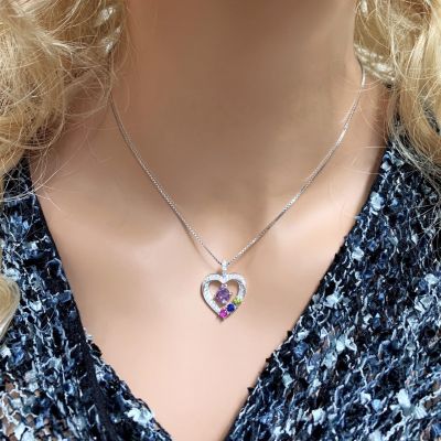 Mother &amp; Child Heart Birthstone Necklaces w/ 1 to 6 Stones in Sterling Silver, 10K, or 14K Gold