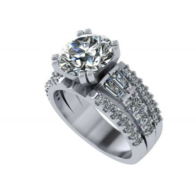 Sterling Silver Round &amp; Baguette Engagement wedding set ring with a 9.00mm-2.50ct Round Center Stone