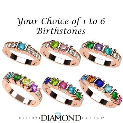 NANA Jewels S-Bar with side CZs Mother&#039;s Ring with 1 to 6 Birthstones in Sterling Silver, 10k or 14k White, Yellow or Rose Gold