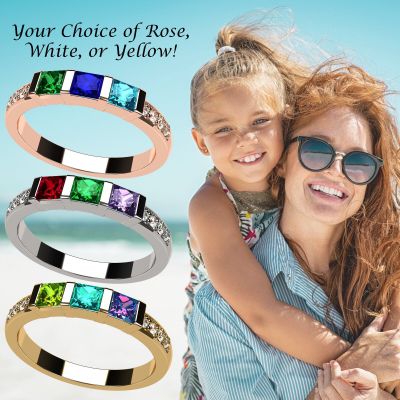 NANA Jewels Princess with side CZs Mother&#039;s Ring with 1 to 6 Birthstones in Sterling Silver, 10k or 14k White, Yellow or Rose Gold