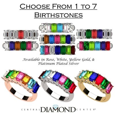 NANA Jewels Emerald Cut Lucita Style 1 to 7 Birthstones - Mother&#039;s Birthstone Ring in Sterling Silver, 10k or 14k Gold