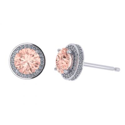 NANA Jewels Simulated Morganite Pure Brilliance Zirconia Round Halo Earrings Sterling Silver with 14k post