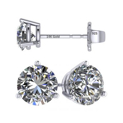NANA Jewels Sterling Silver Round Martini style 3 Prongs Pure Brilliance Zirconia Stud Earrings with a solid 14k gold post (1.50ctw-4.00ctw)