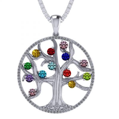 NANA Jewels Tree of Life Mother&#039;s Pendant with a CZ Bezel 1-13 Stones w/1mm 22&quot; Adj. Box Chain, in Sterling Silver, Solid 10K or 14K Gold