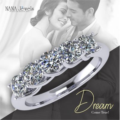 Lucita Anniversary Ring Simulated Diamond Zirconia Wedding Band 5 Stone 3.5mm Sterling Silver or 10K Gold