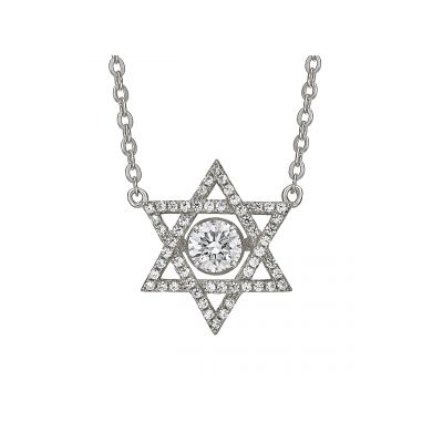 Star of David Dancing Stone Necklace Pendant in Sterling Silver made w/Pure Brilliance Zirconia, Chain Attached