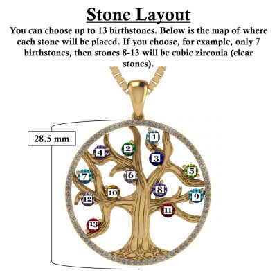 NANA Jewels Tree of Life Mother&#039;s Pendant with a CZ Bezel 1-13 Stones w/1mm 22&quot; Adj. Box Chain, in Sterling Silver, Solid 10K or 14K Gold
