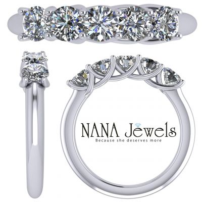 Lucita Anniversary Ring Simulated Diamond Zirconia Wedding Band 5 Stone 3.5mm Sterling Silver or 10K Gold