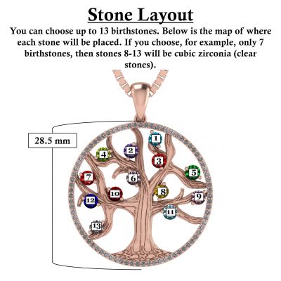 NANA Jewels Tree of Life Mother&#039;s Pendant with a CZ Bezel 1-13 Stones w/1mm 22&quot; Adj. Box Chain, in Sterling Silver, Solid 10K or 14K Gold