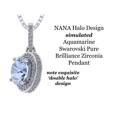 1.00ct Pure Brilliance Zirconia Simulated Aquamarine Halo Necklace in Gold Plated Sterling Silver