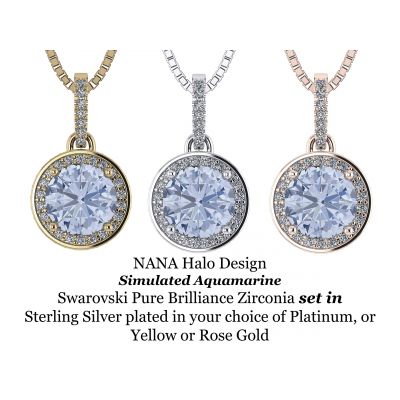 1.00ct Pure Brilliance Zirconia Simulated Aquamarine Halo Necklace in Gold Plated Sterling Silver