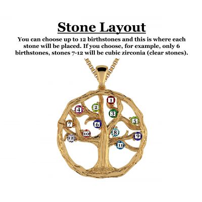 NANA Jewels Tree of Life Mother&#039;s Pendant 1-12 Stones with a 1mm 22&quot; Adj. Box Chain, in Sterling Silver, Solid 10K or 14K Gold