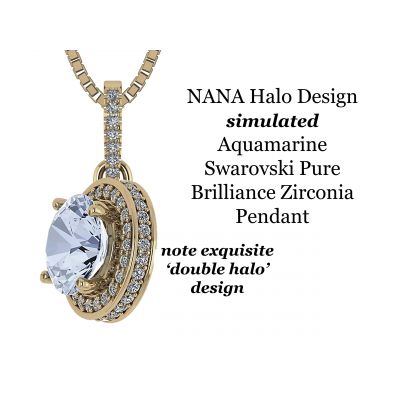 1.00ct Pure Brilliance Zirconia Simulated Aquamarine Halo Necklace in Gold Plated Sterling Silver