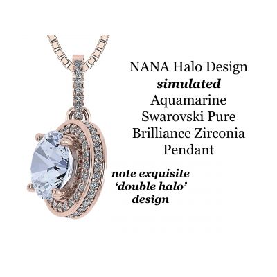 1.00ct Pure Brilliance Zirconia Simulated Aquamarine Halo Necklace in Gold Plated Sterling Silver