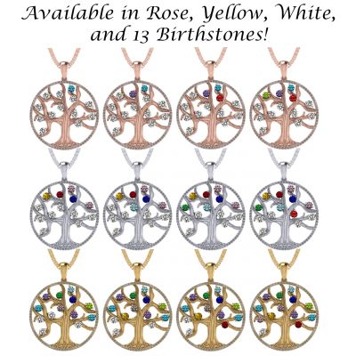 NANA Jewels Tree of Life Mother&#039;s Pendant with a CZ Bezel 1-13 Stones w/1mm 22&quot; Adj. Box Chain, in Sterling Silver, Solid 10K or 14K Gold