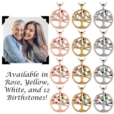 NANA Jewels Tree of Life Mother&#039;s Pendant 1-12 Stones with a 1mm 22&quot; Adj. Box Chain, in Sterling Silver, Solid 10K or 14K Gold